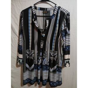 Reborn Blue & Black Tunic Blouse, Women’s XL Pleated Front with Buttons B23
